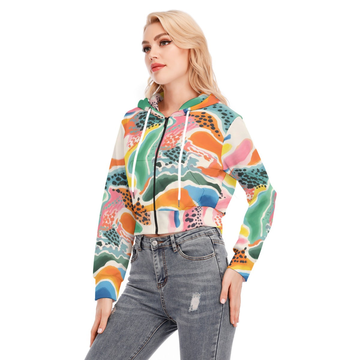 All-Over Print Women's Crop Top Hoodie With Zipper Closure