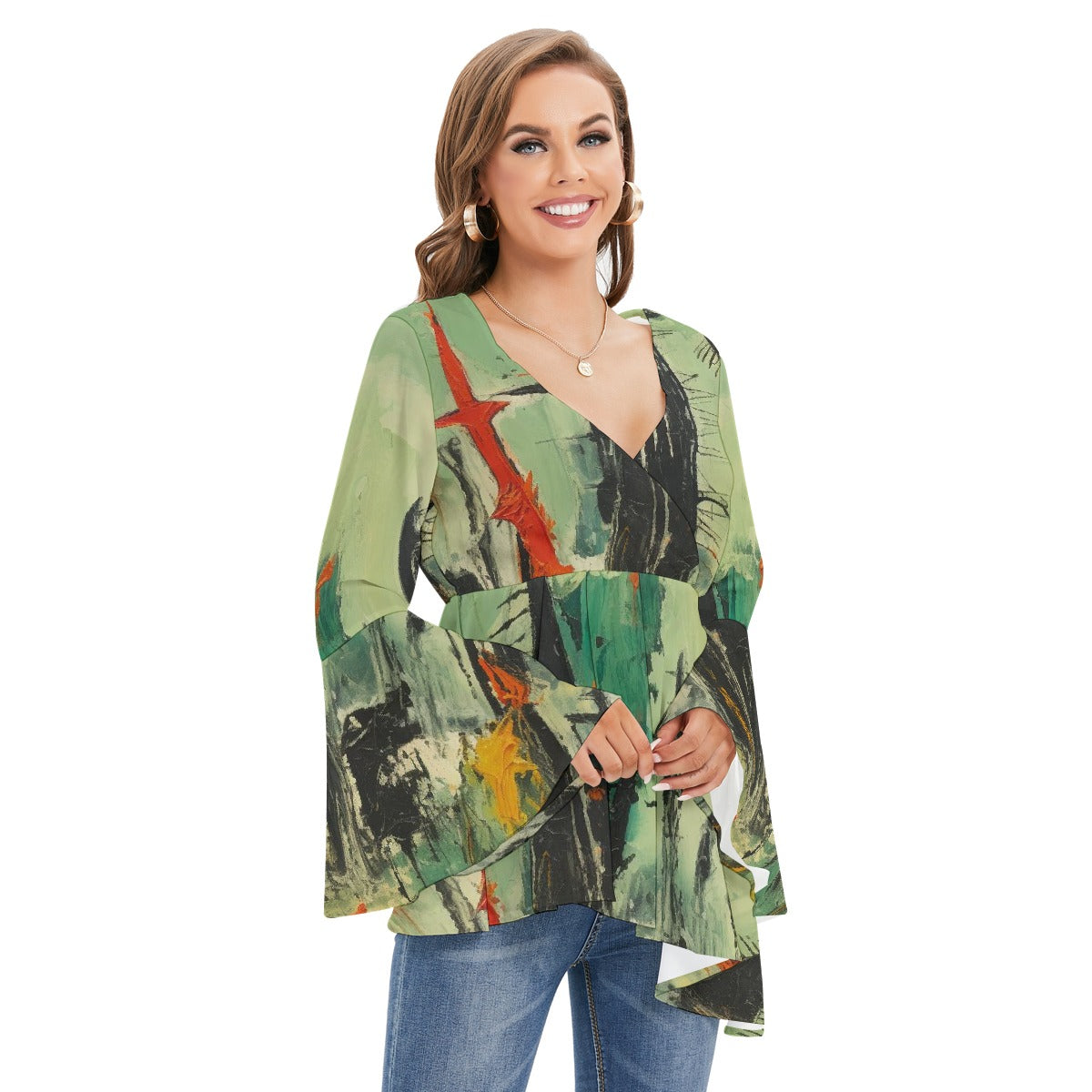 All-Over Print Women's V-neck Blouse With Flared Sleeves