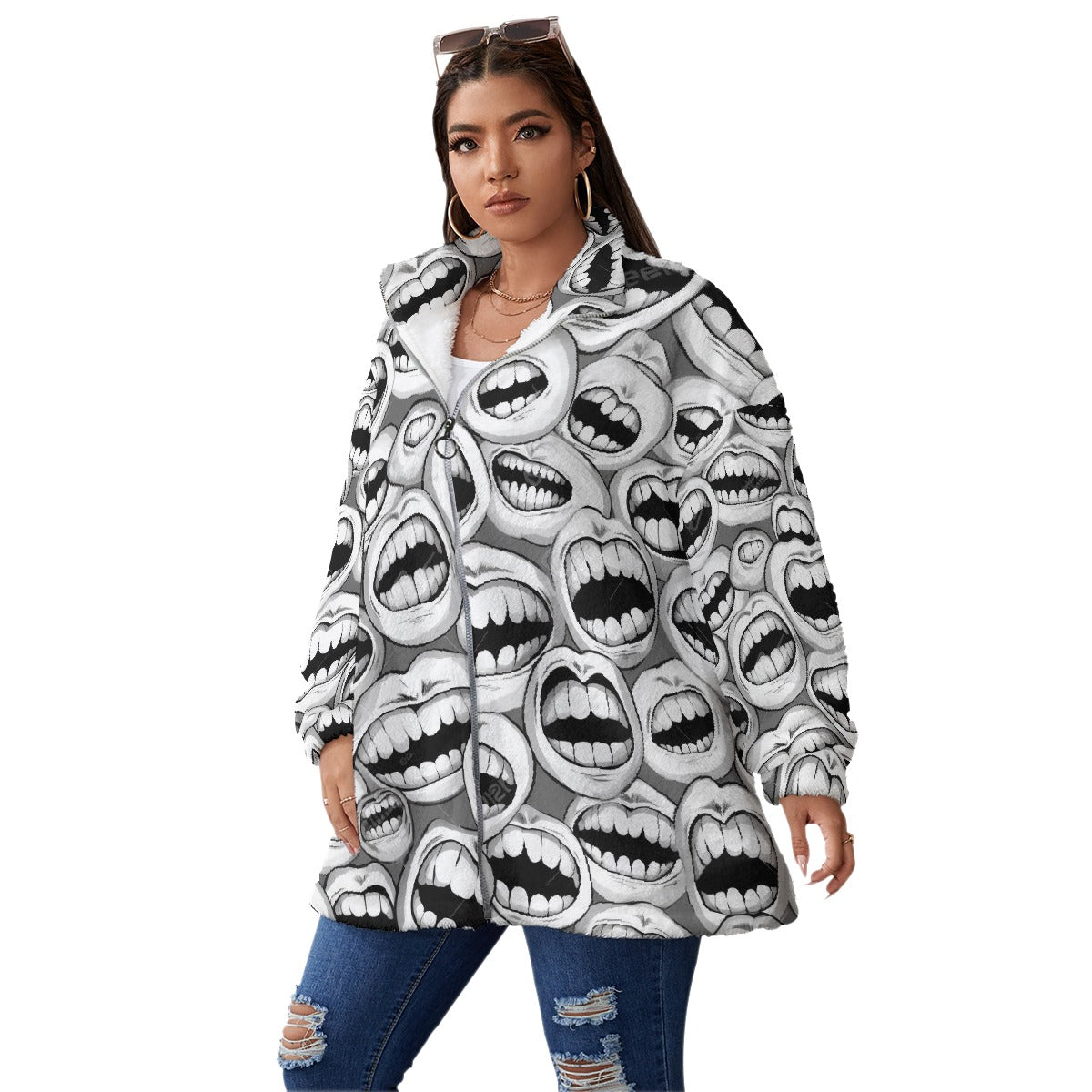 All-Over Print Unisex Borg Fleece Stand-up Collar Coat With Zipper Closure(Plus Size)