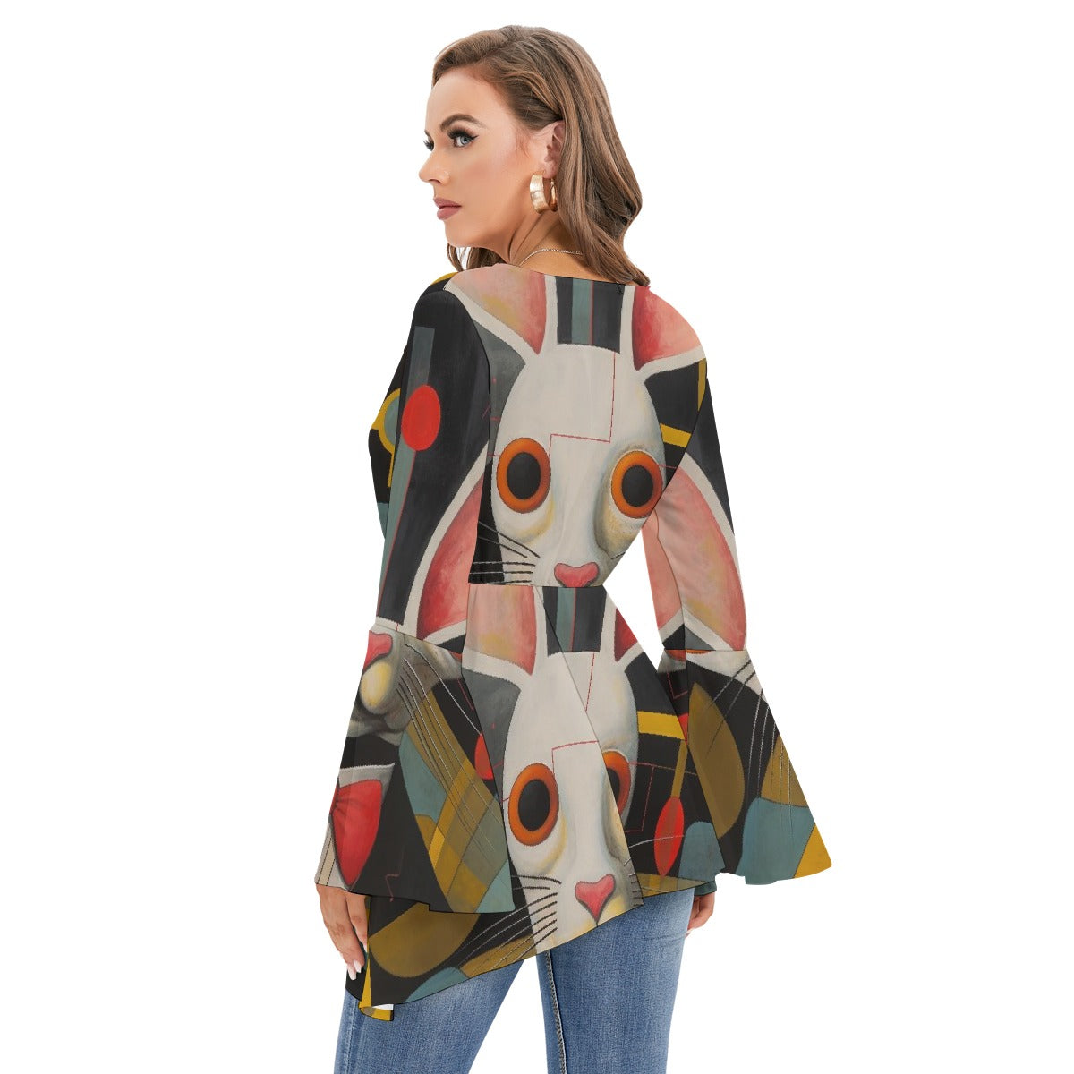 All-Over Print Women's V-neck Blouse With Flared Sleeves