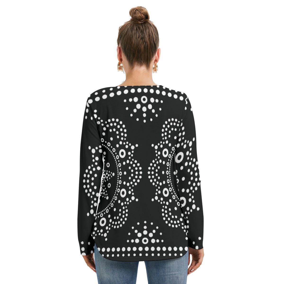 All-Over Print Women's Long Sleeve Neckline Tie Sweatshirt