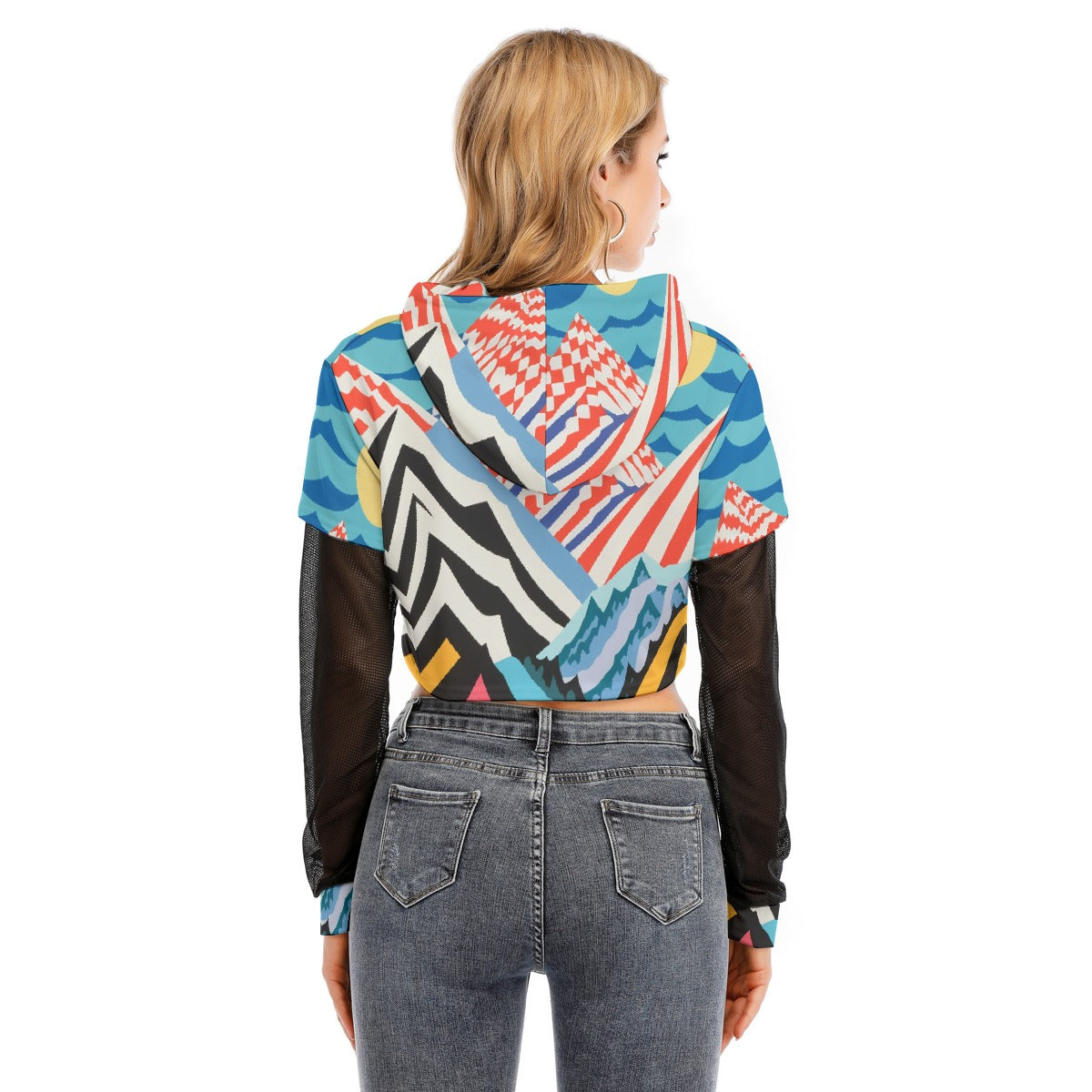 All-Over Print Women's Fake Two-piece Mesh Sleeve Cropped Hoodie