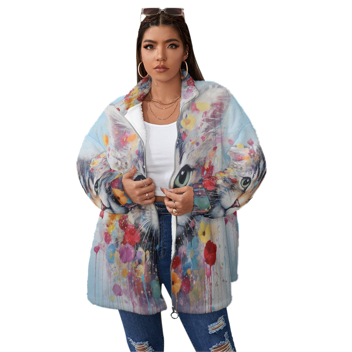 All-Over Print Unisex Borg Fleece Stand-up Collar Coat With Zipper Closure(Plus Size)