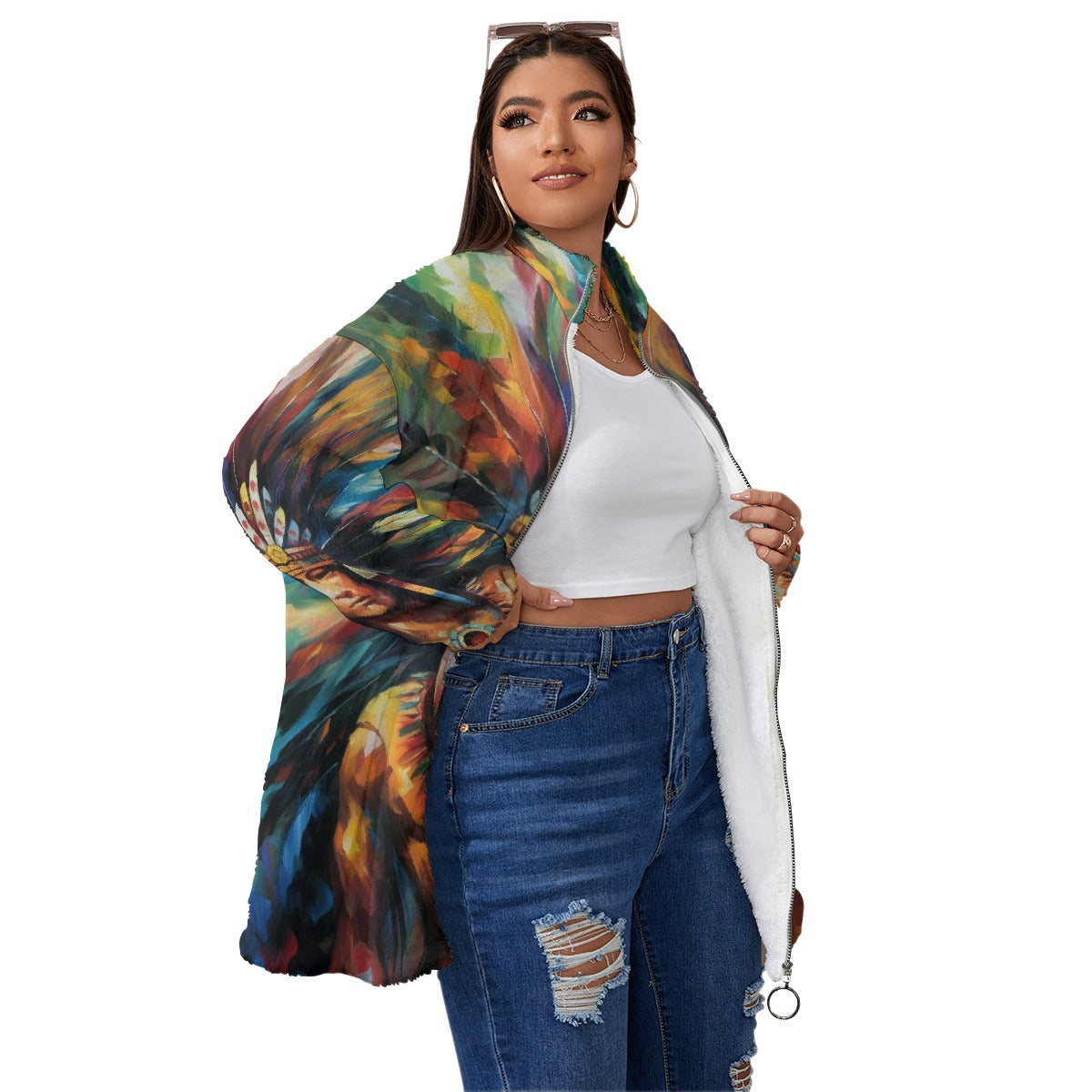 All-Over Print Unisex Borg Fleece Stand-up Collar Coat With Zipper Closure(Plus Size)