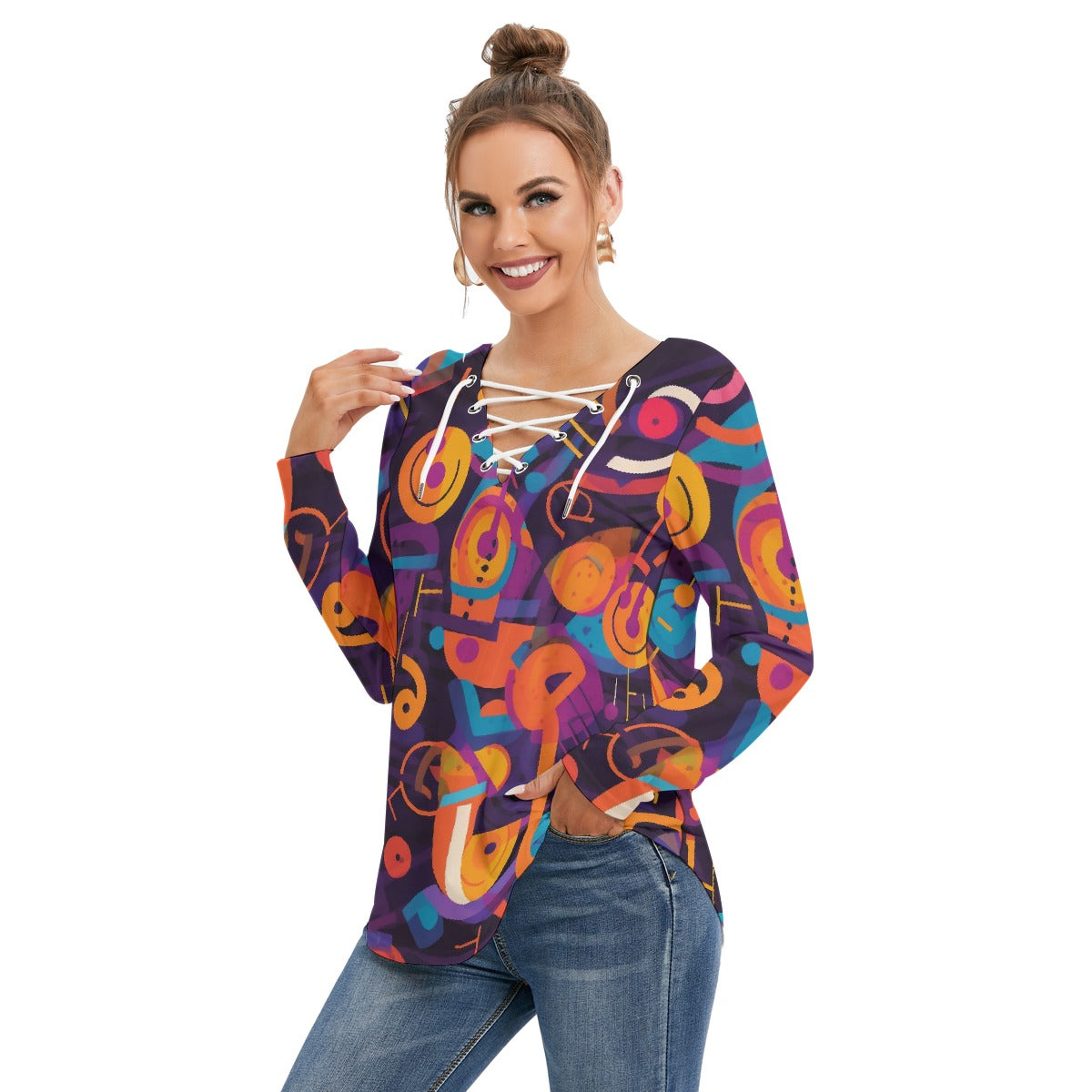 All-Over Print Women's Long Sleeve Neckline Tie Sweatshirt