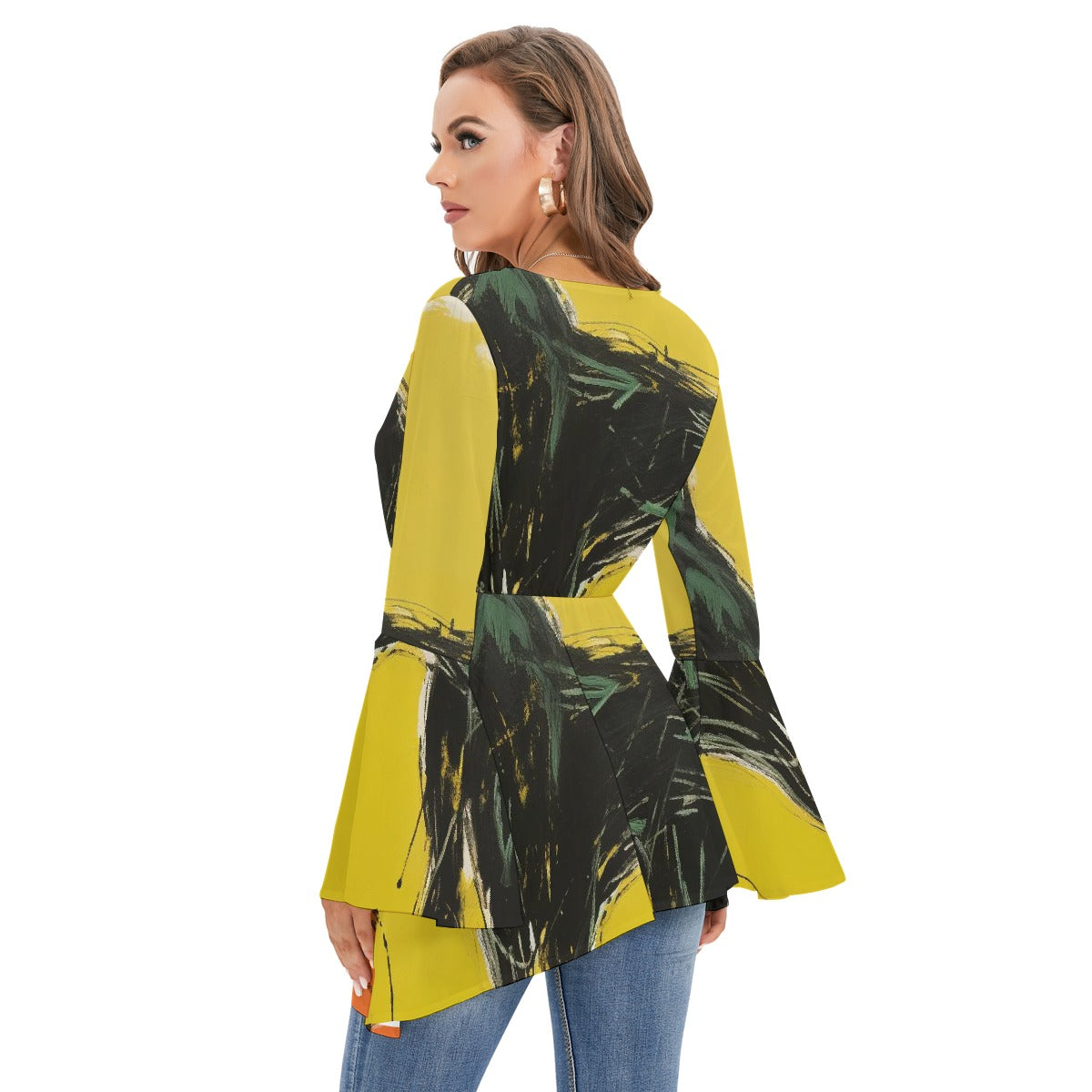 All-Over Print Women's V-neck Blouse With Flared Sleeves