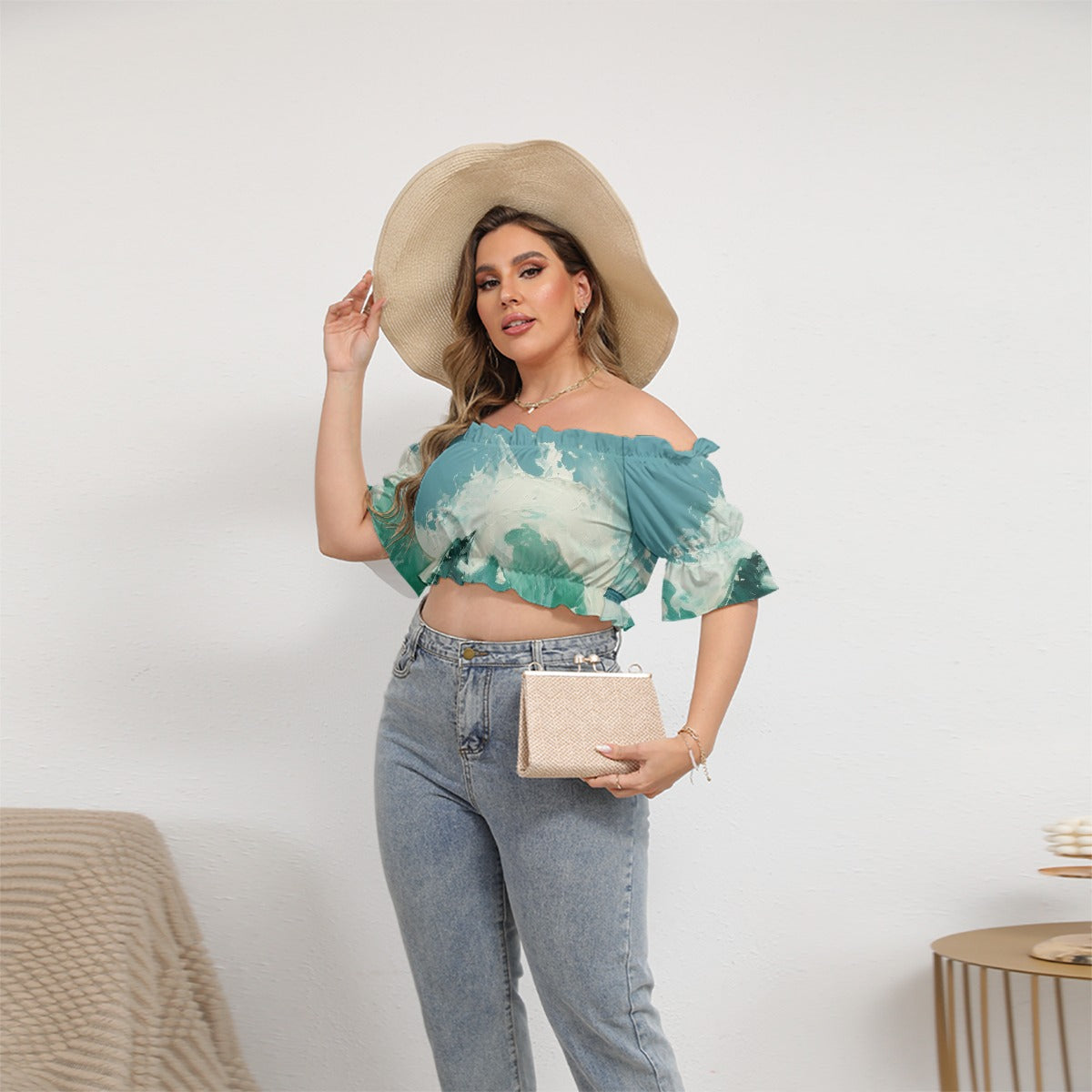 All-Over Print Women's Off-shoulder Cropped Top With Short Puff Sleeve