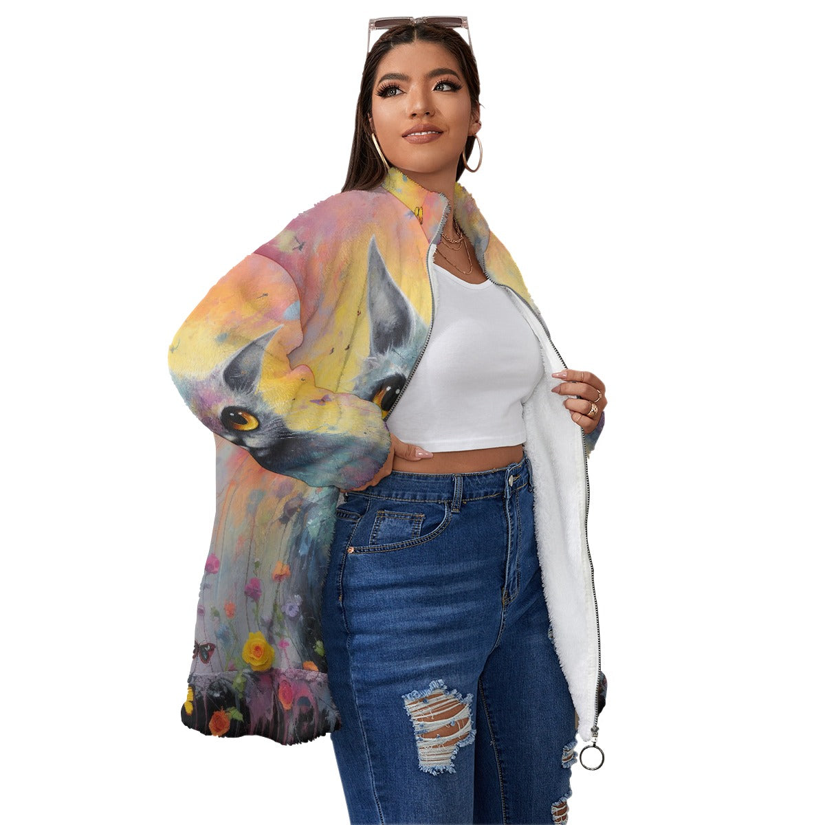 All-Over Print Unisex Borg Fleece Stand-up Collar Coat With Zipper Closure(Plus Size)