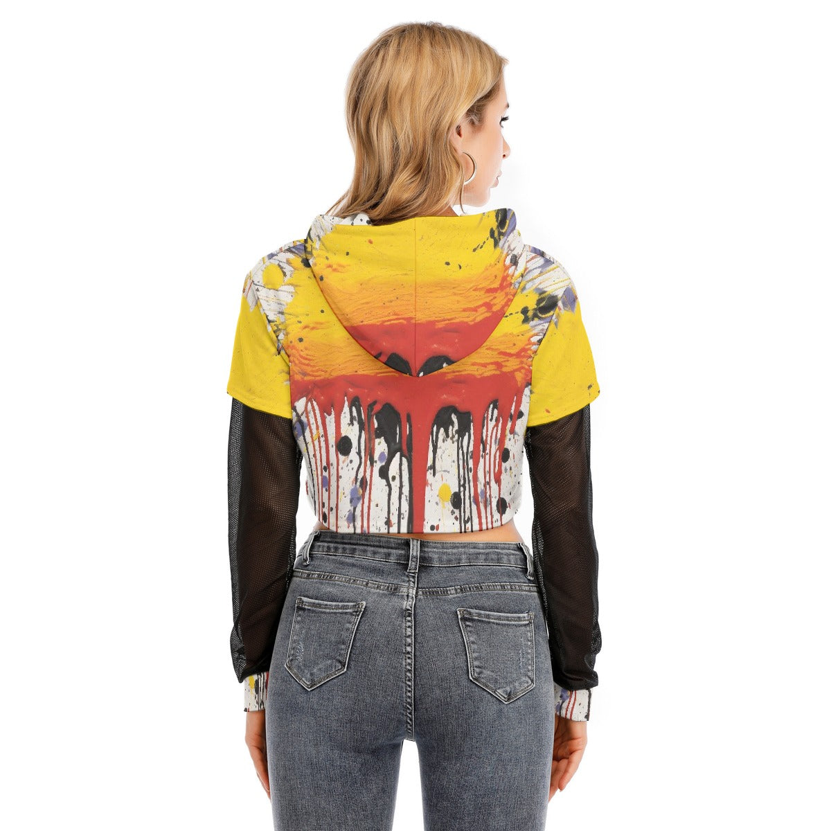 All-Over Print Women's Fake Two-piece Mesh Sleeve Cropped Hoodie