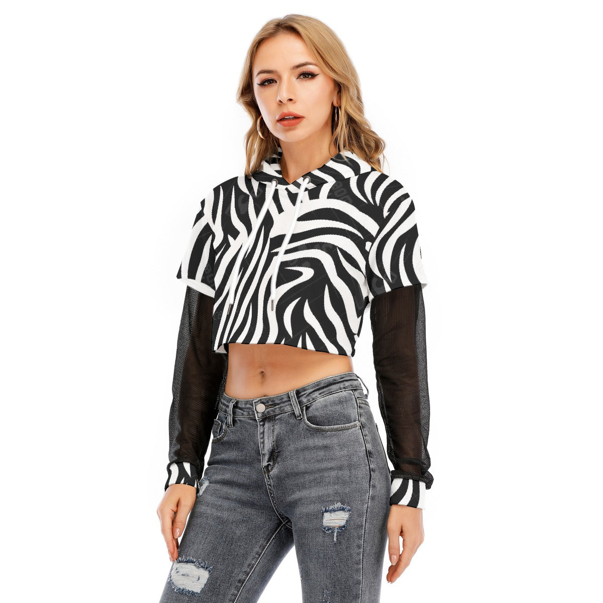All-Over Print Women's Fake Two-piece Mesh Sleeve Cropped Hoodie