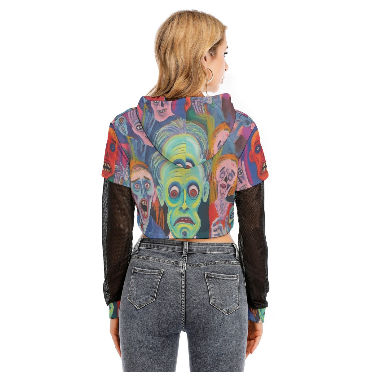 All-Over Print Women's Fake Two-piece Mesh Sleeve Cropped Hoodie