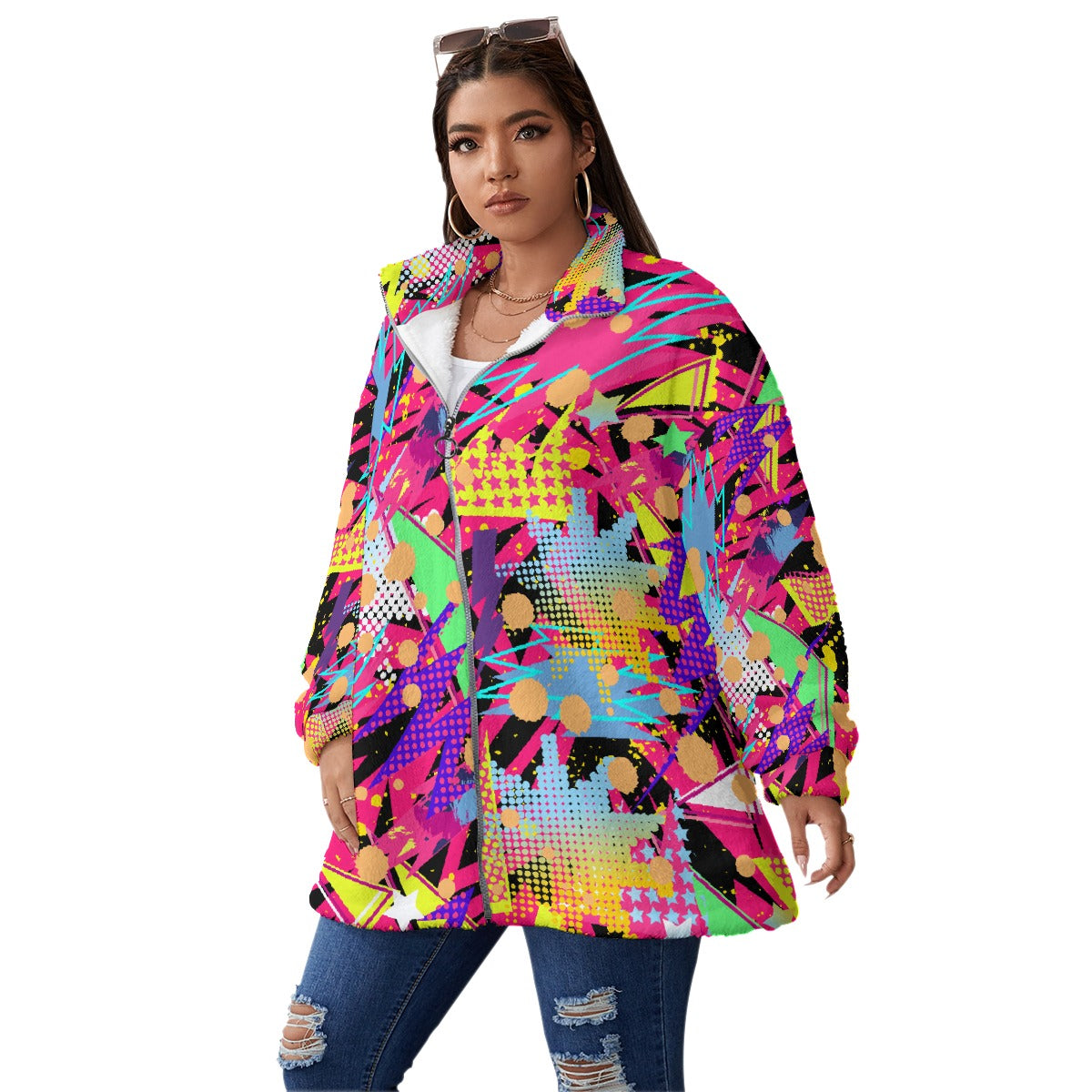 All-Over Print Unisex Borg Fleece Stand-up Collar Coat With Zipper Closure(Plus Size)