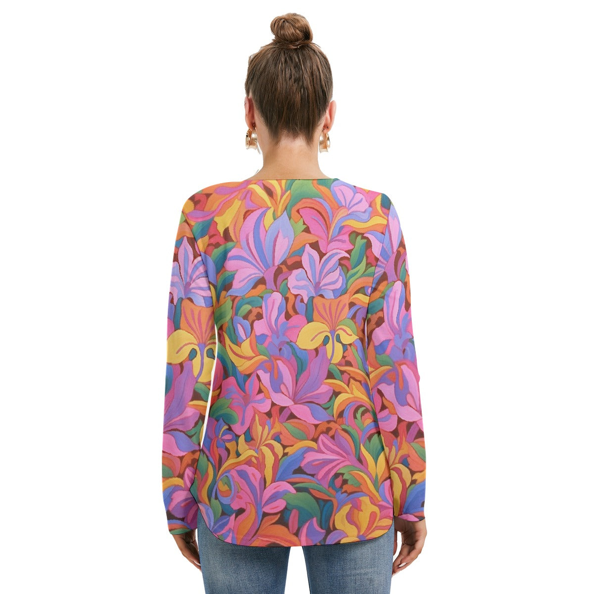 All-Over Print Women's Long Sleeve Neckline Tie Sweatshirt