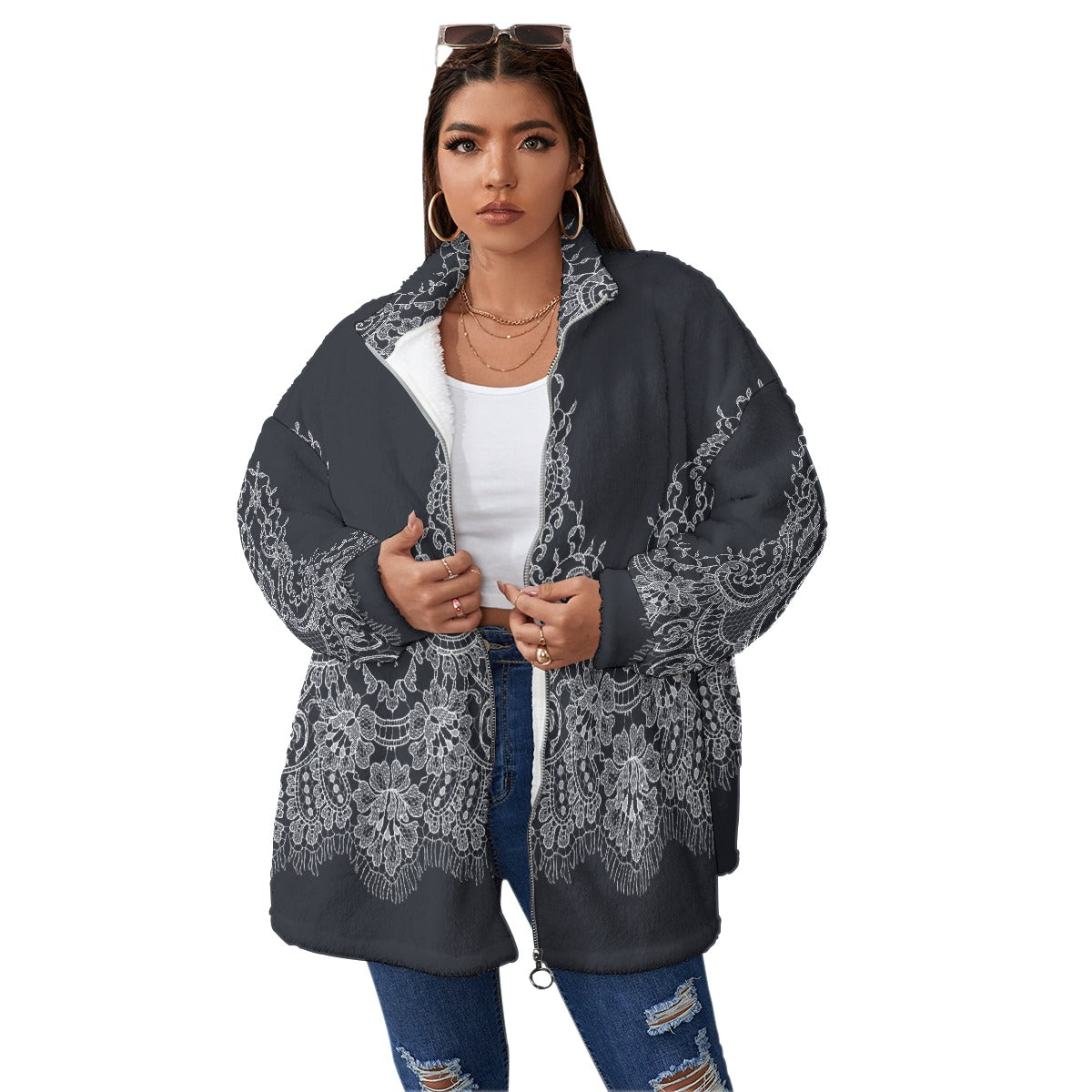All-Over Print Unisex Borg Fleece Stand-up Collar Coat With Zipper Closure(Plus Size)