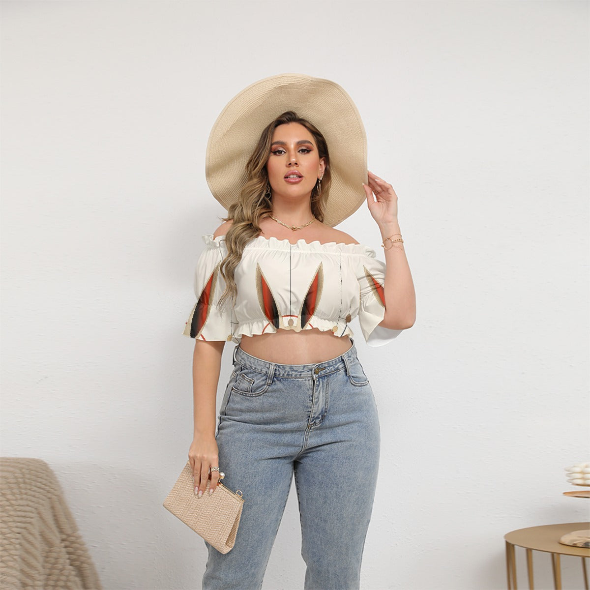 All-Over Print Women's Off-shoulder Cropped Top With Short Puff Sleeve