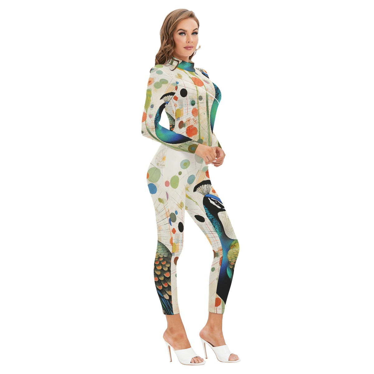 All-Over Print Women's Long-sleeved High-neck Jumpsuit With Zipper
