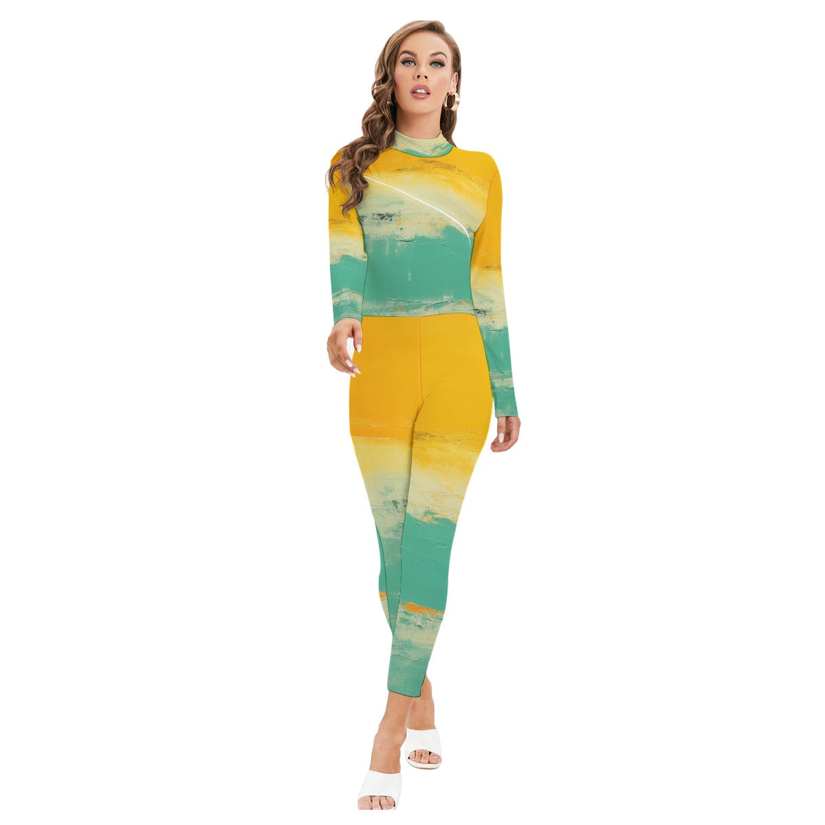 All-Over Print Women's Long-sleeved High-neck Jumpsuit With Zipper