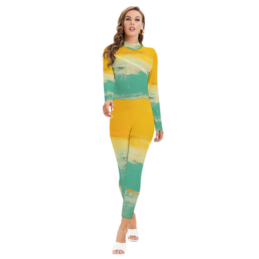 All-Over Print Women's Long-sleeved High-neck Jumpsuit With Zipper