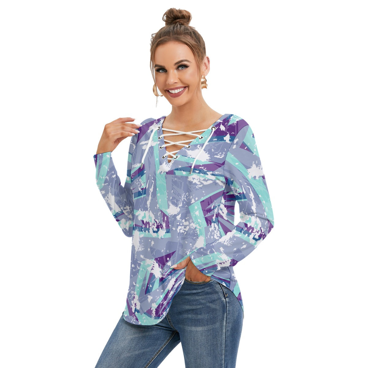 All-Over Print Women's Long Sleeve Neckline Tie Sweatshirt
