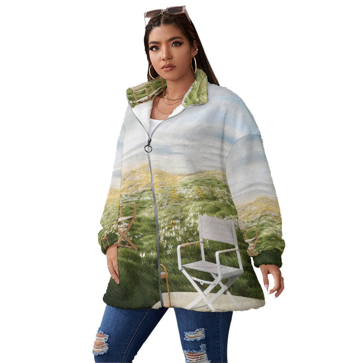 All-Over Print Unisex Borg Fleece Stand-up Collar Coat With Zipper Closure(Plus Size)