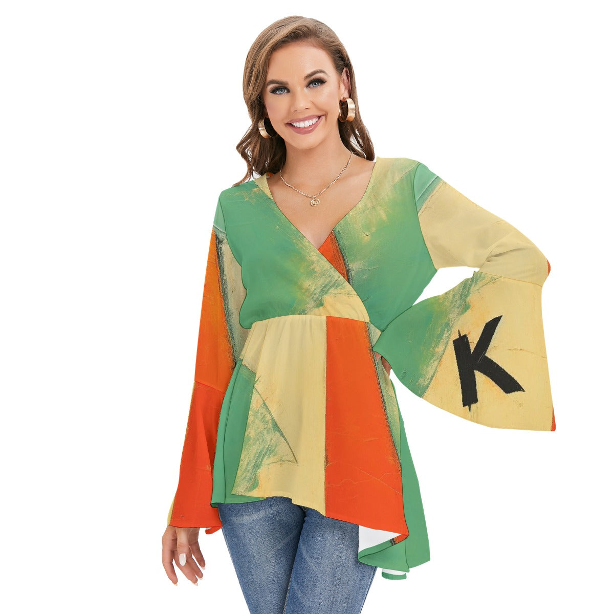 All-Over Print Women's V-neck Blouse With Flared Sleeves
