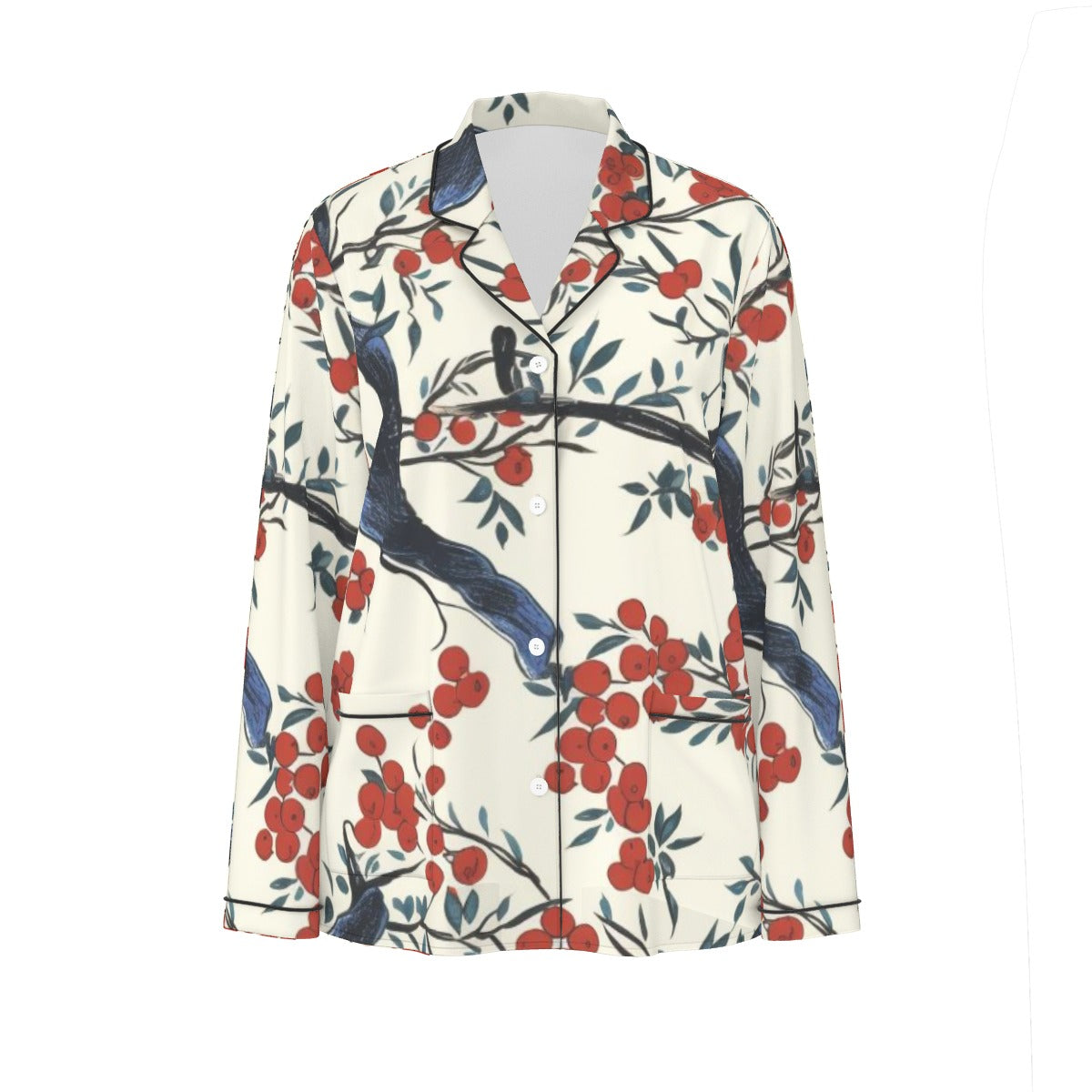 All-Over Print Women's Long Sleeve Pajama Set With Black Contrast Piping