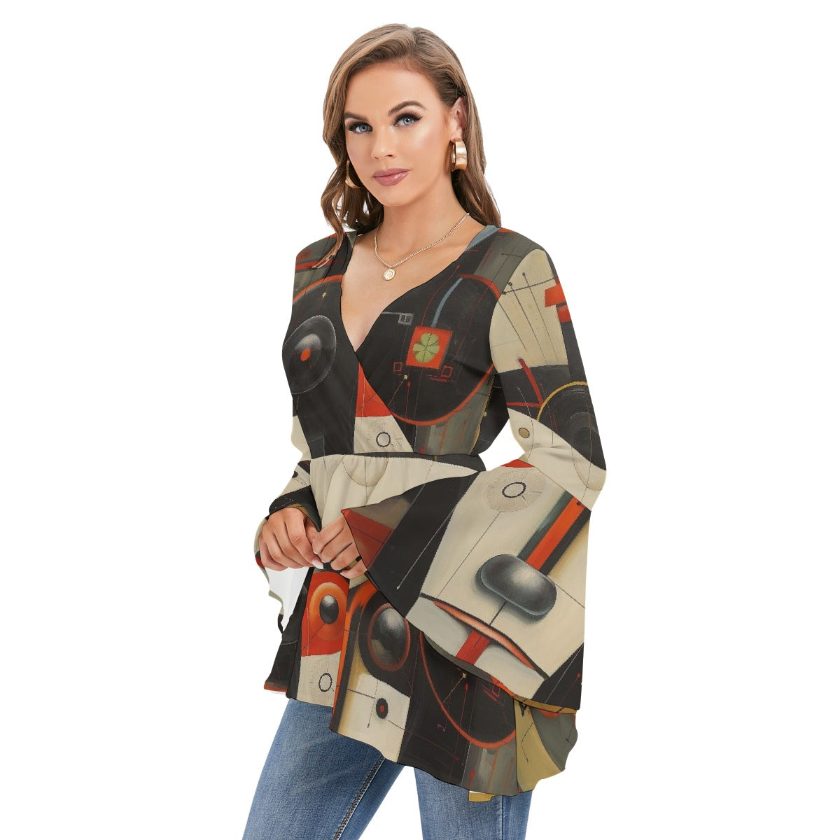 All-Over Print Women's V-neck Blouse With Flared Sleeves