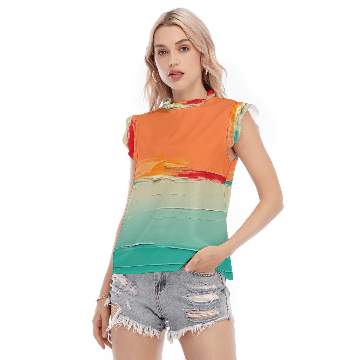 All-Over Print Women's Blouse With Ruffle Collar And Sleeve