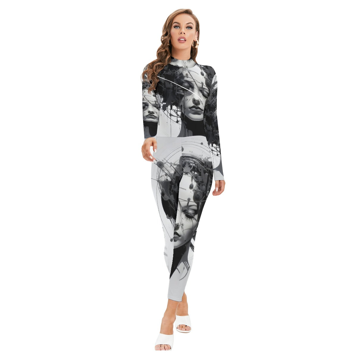 All-Over Print Women's Long-sleeved High-neck Jumpsuit With Zipper