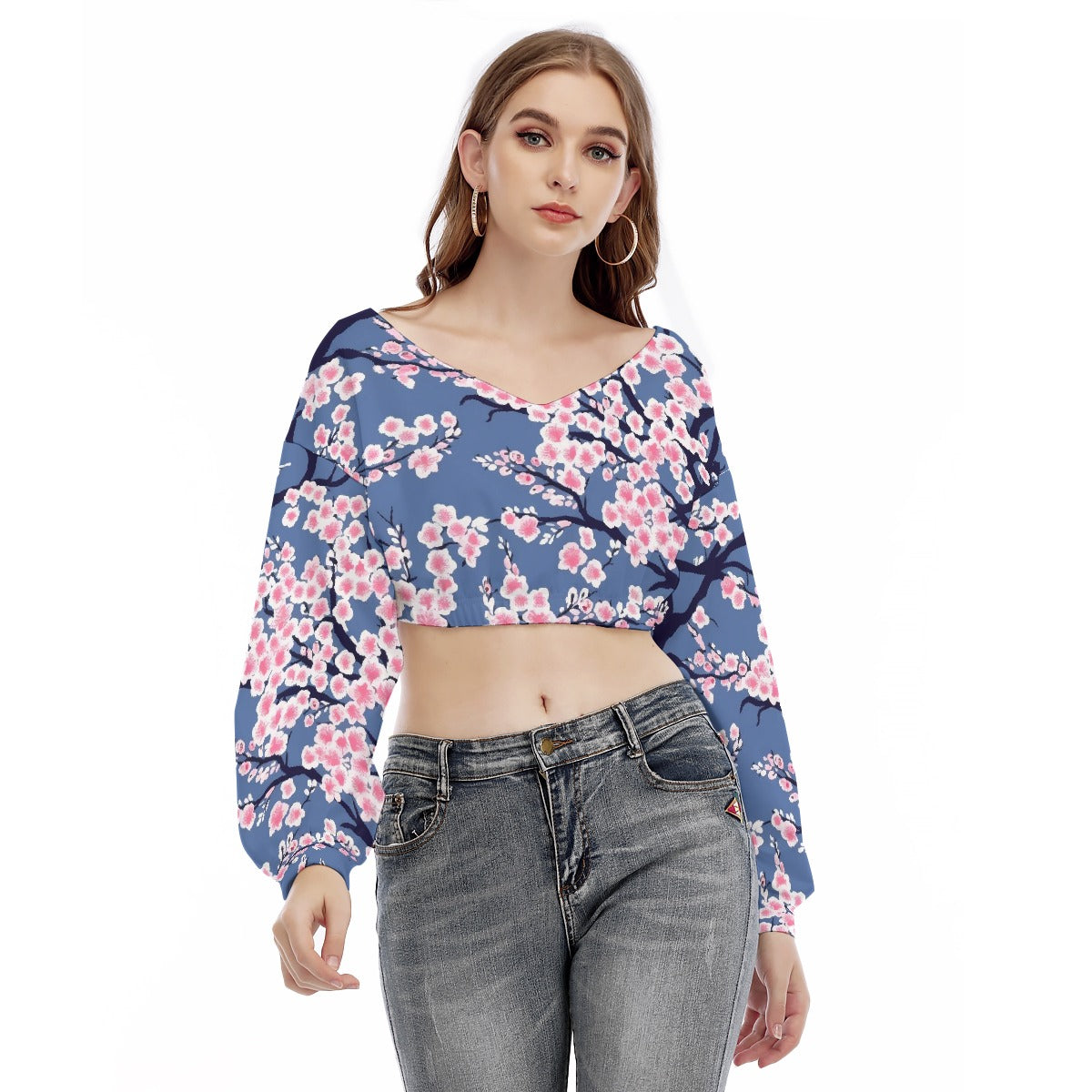 All-Over Print Women's V-neck Long Sleeve Cropped Sweatshirt
