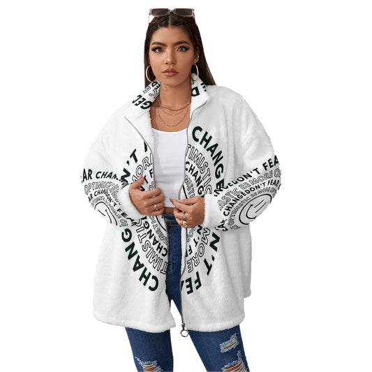 All-Over Print Unisex Borg Fleece Stand-up Collar Coat With Zipper Closure(Plus Size)