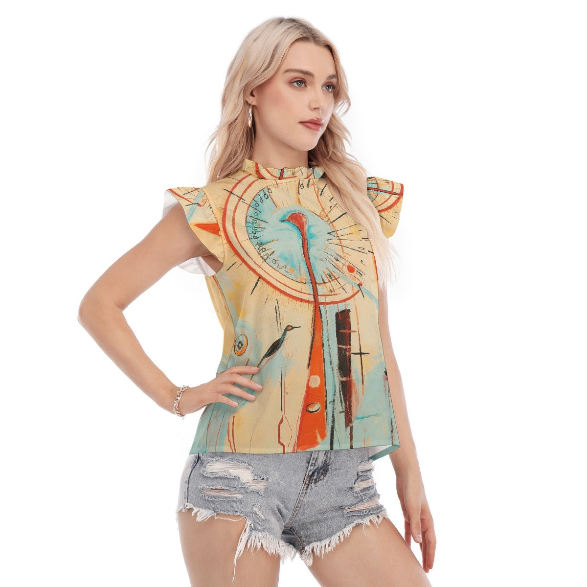 All-Over Print Women's Blouse With Ruffle Collar And Sleeve