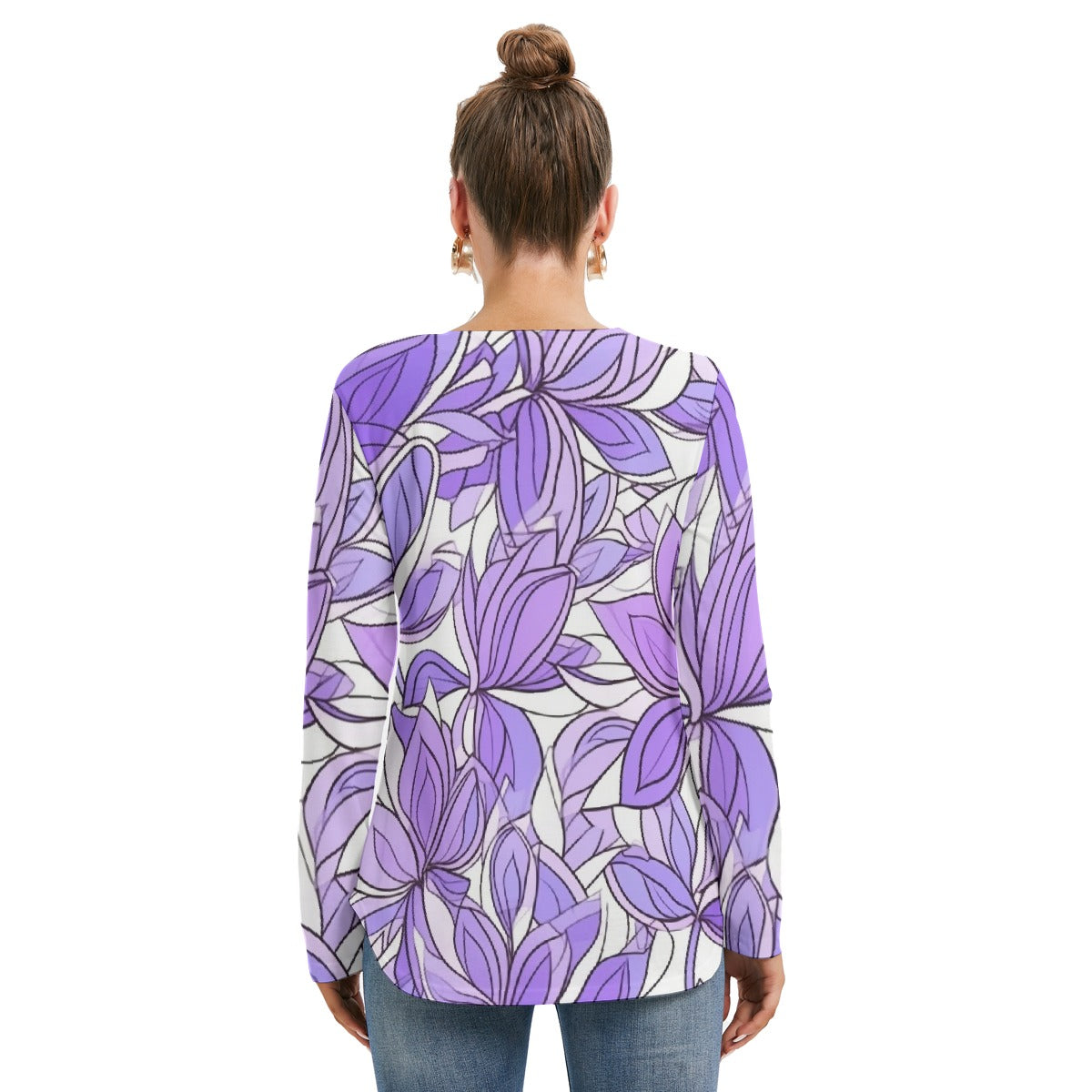All-Over Print Women's Long Sleeve Neckline Tie Sweatshirt