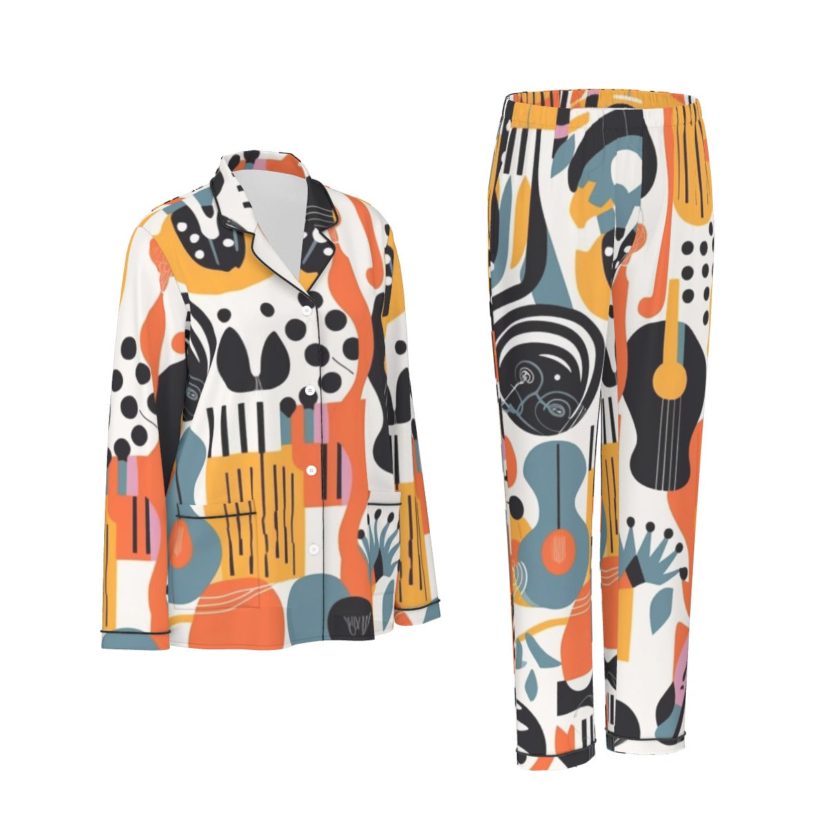 All-Over Print Women's Long Sleeve Pajama Set With Black Contrast Piping