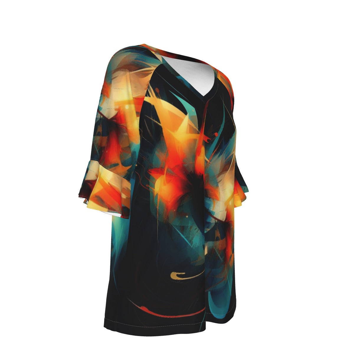 All-Over Print V-neck Women's T-shirt With Bell Sleeve