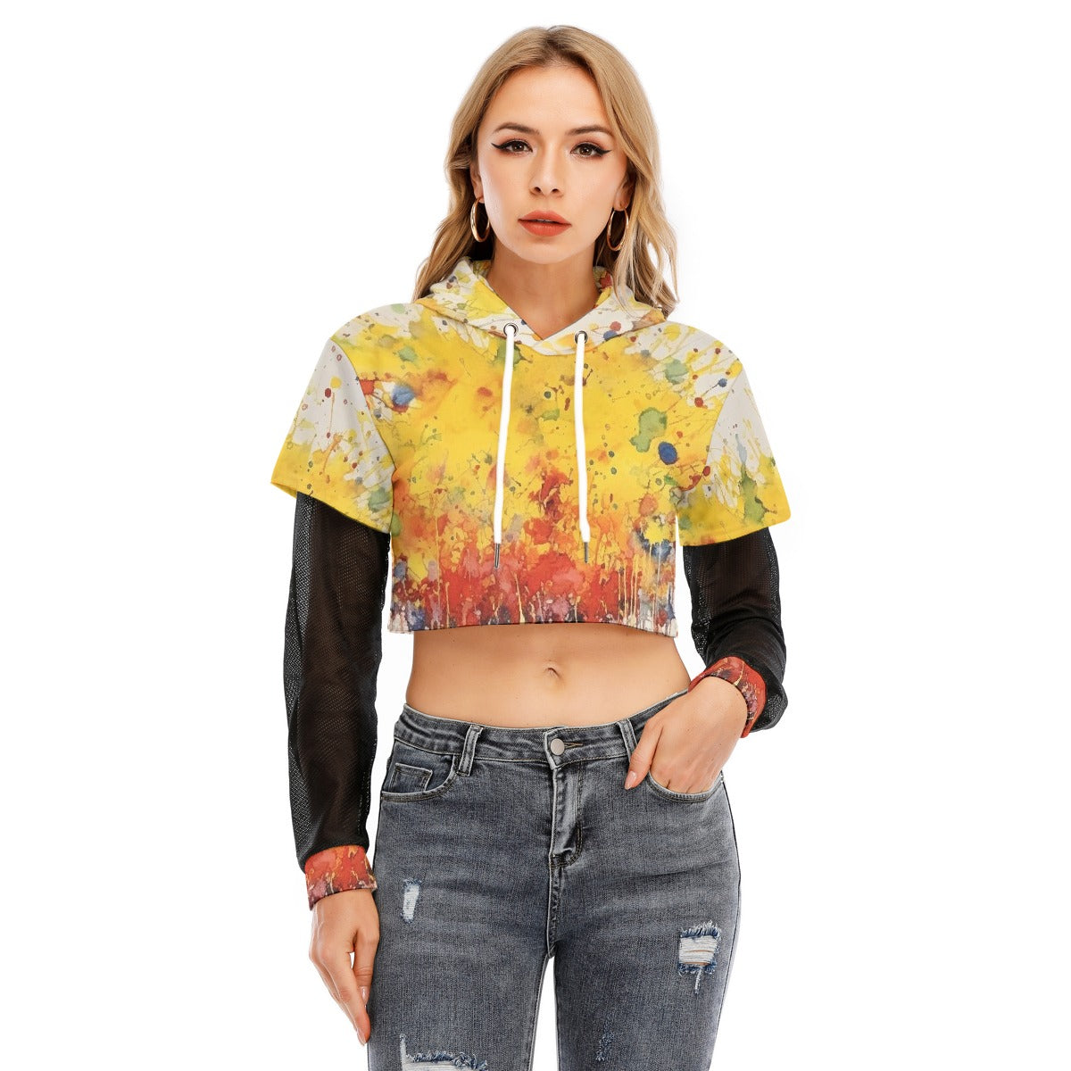 All-Over Print Women's Fake Two-piece Mesh Sleeve Cropped Hoodie