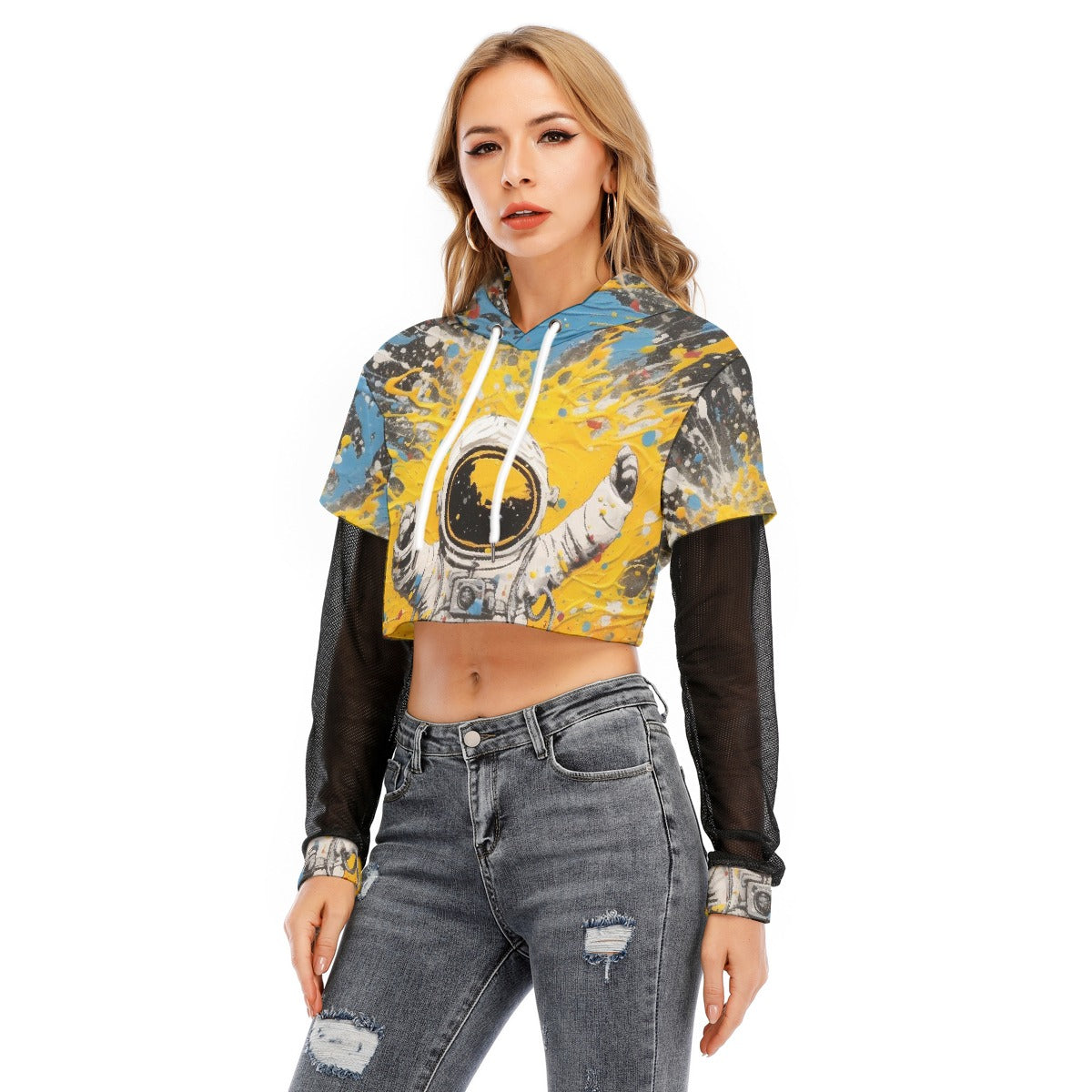 All-Over Print Women's Fake Two-piece Mesh Sleeve Cropped Hoodie