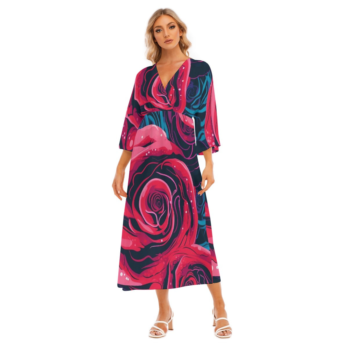All-Over Print Women's Mid-Sleeve Long Dress