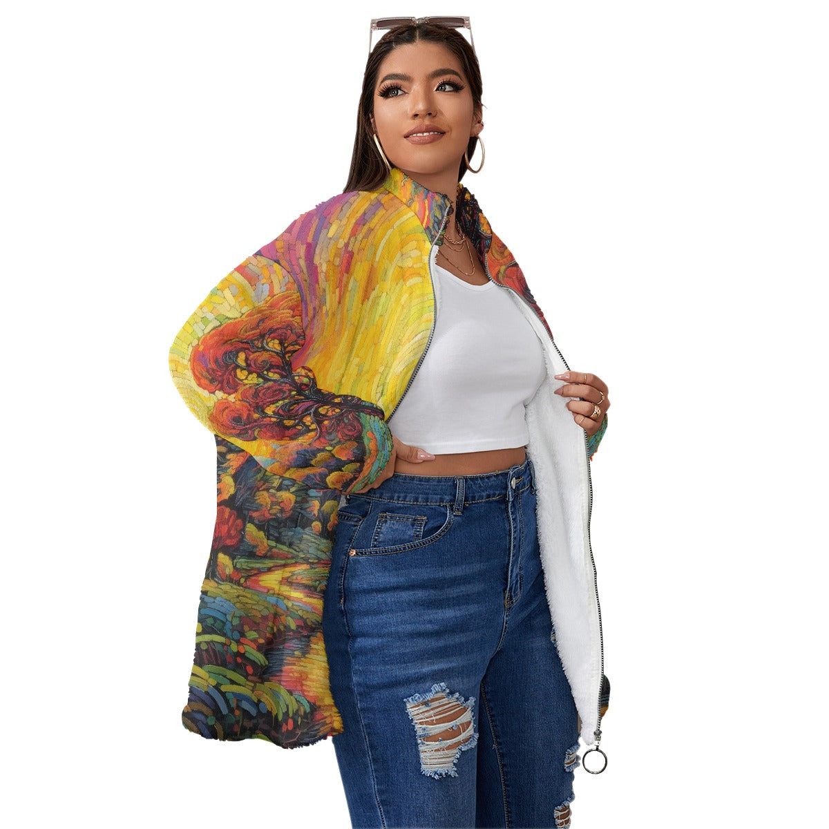 All-Over Print Unisex Borg Fleece Stand-up Collar Coat With Zipper Closure(Plus Size)