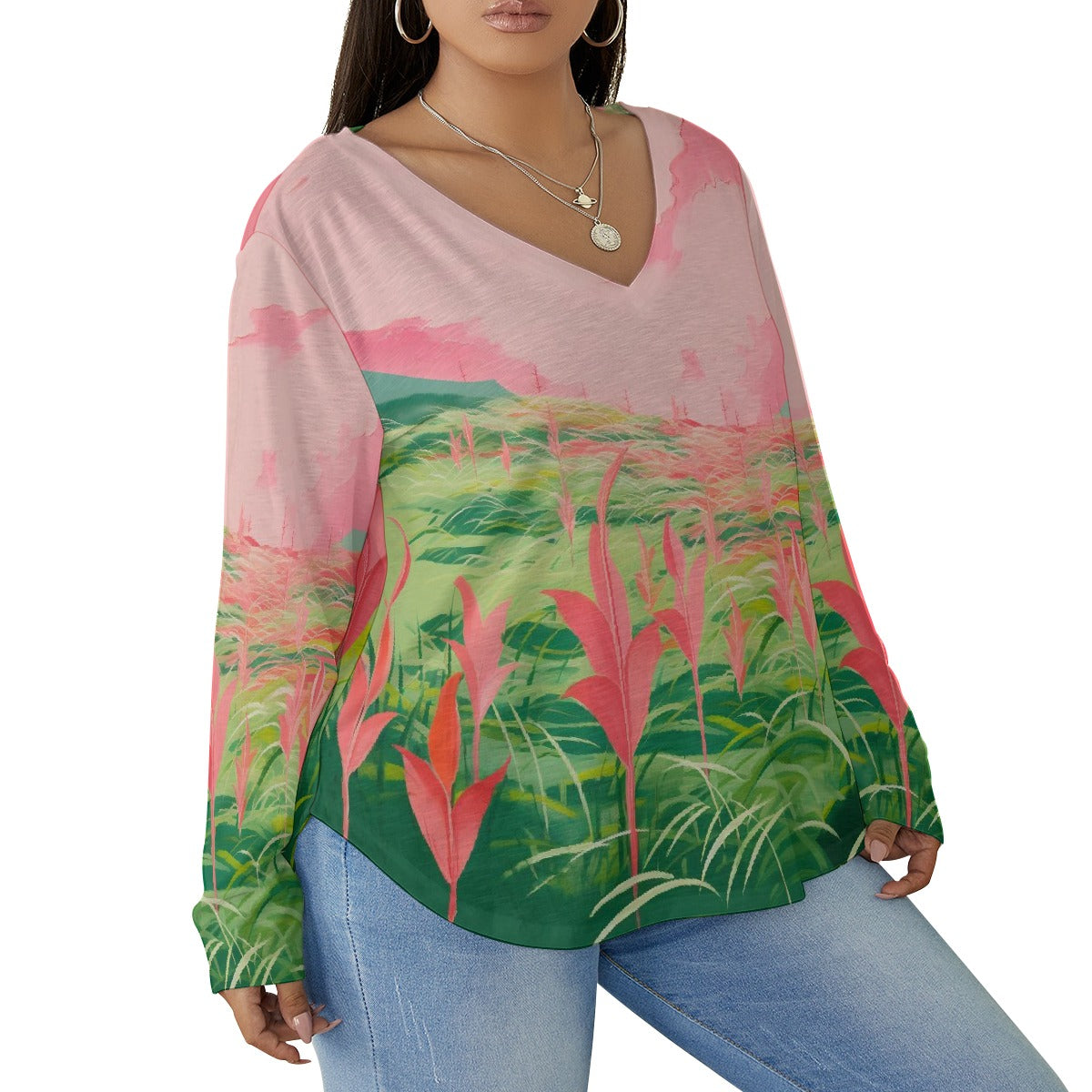 All-Over Print Women's V-neck T-shirt With Curved Hem(Plus Size)