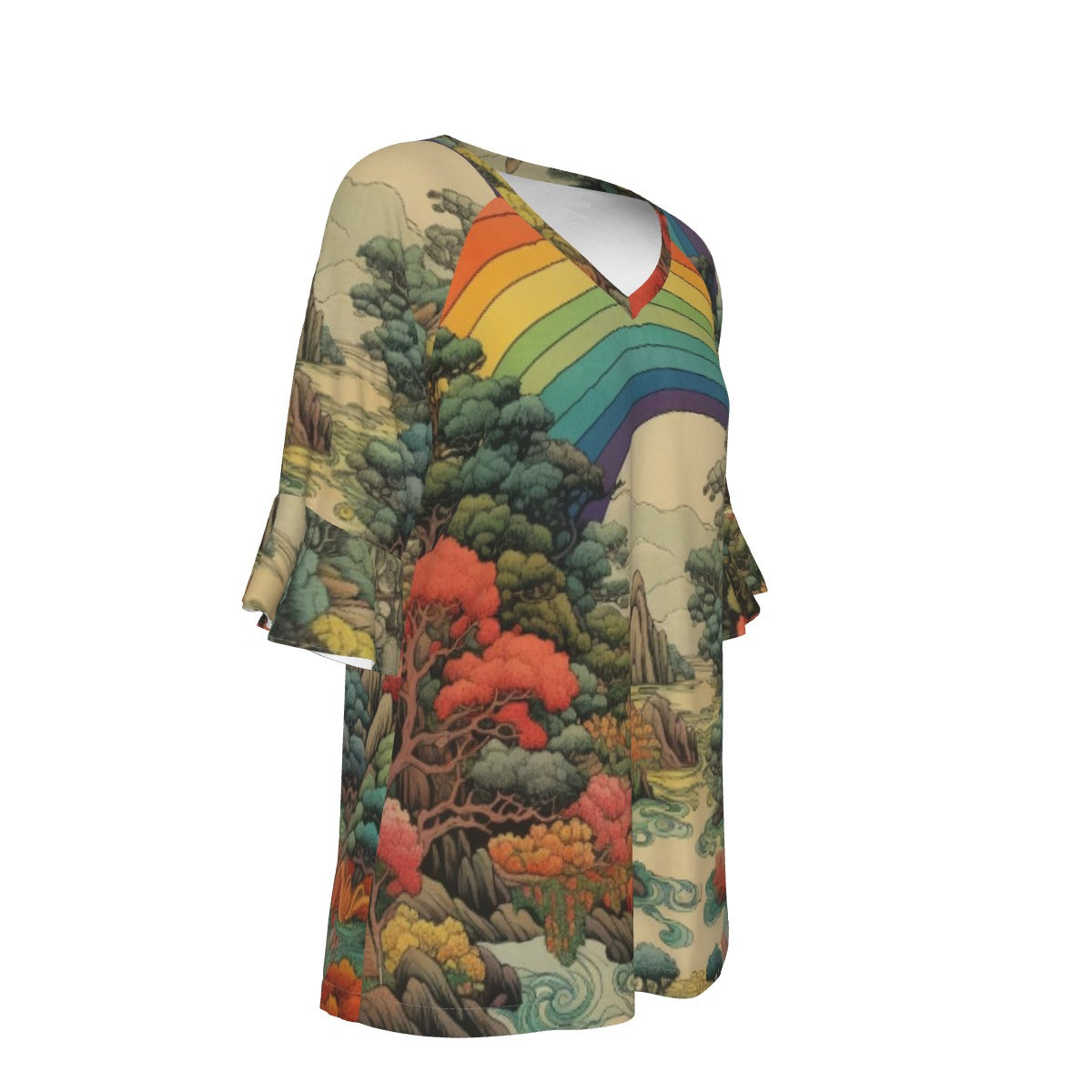 All-Over Print V-neck Women's T-shirt With Bell Sleeve