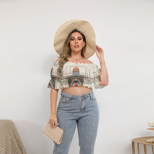 All-Over Print Women's Off-shoulder Cropped Top With Short Puff Sleeve