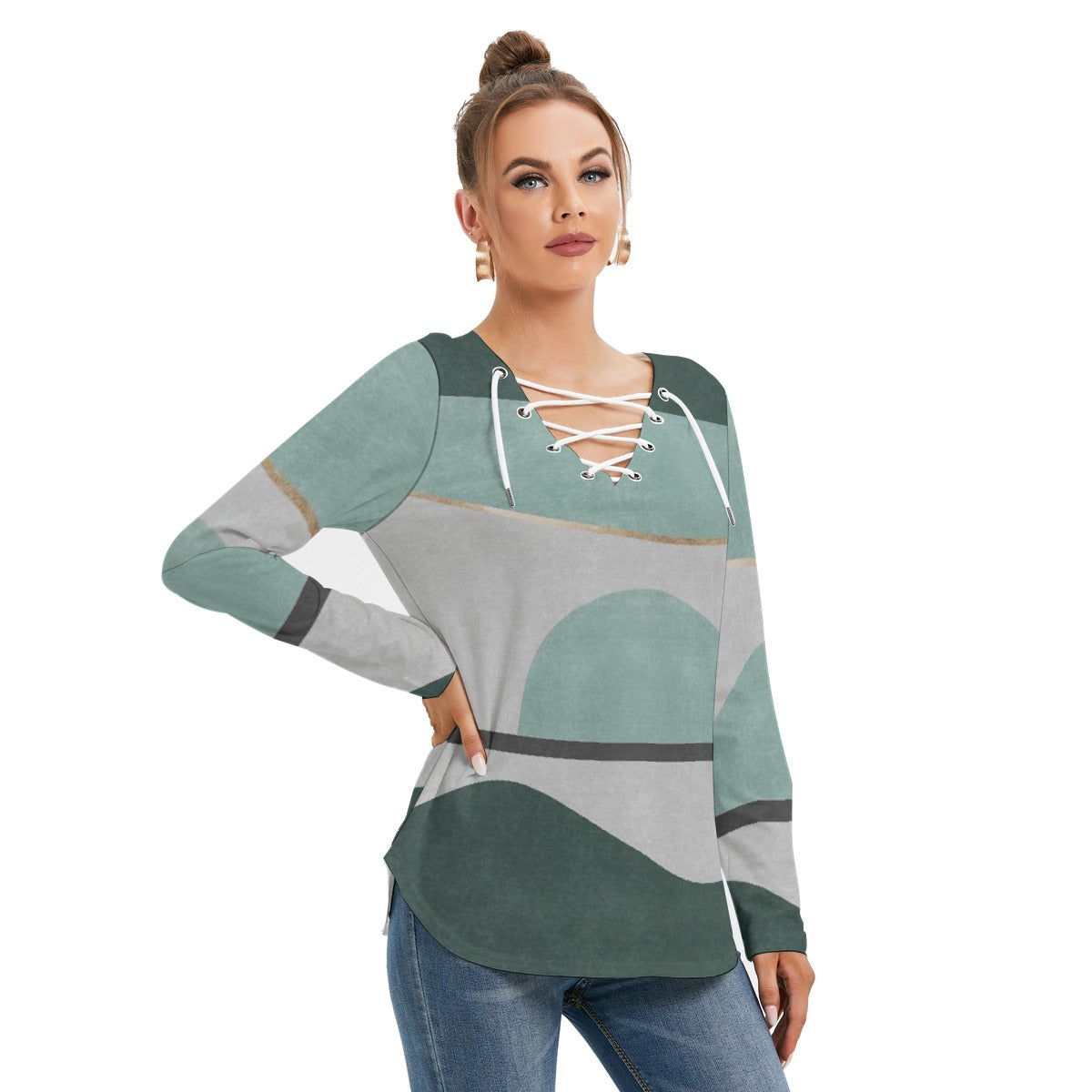 All-Over Print Women's Long Sleeve Neckline Tie Sweatshirt