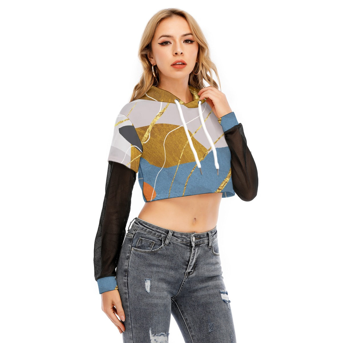 All-Over Print Women's Fake Two-piece Mesh Sleeve Cropped Hoodie