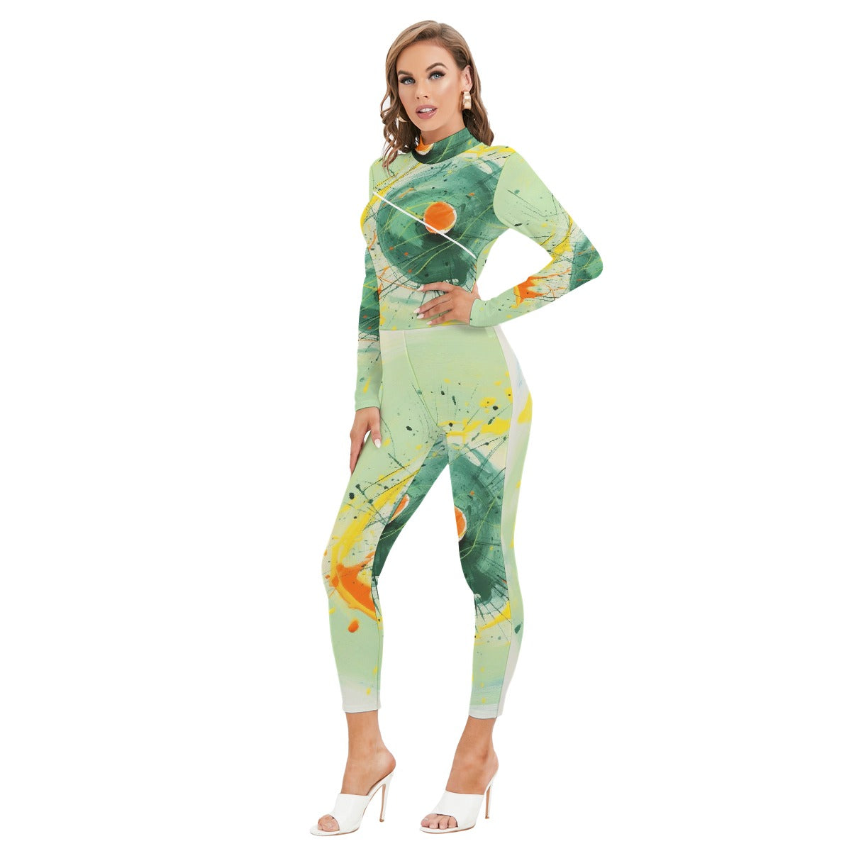 All-Over Print Women's Long-sleeved High-neck Jumpsuit With Zipper