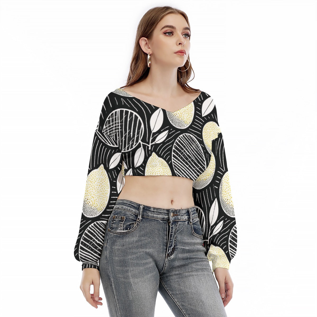 All-Over Print Women's V-neck Long Sleeve Cropped Sweatshirt