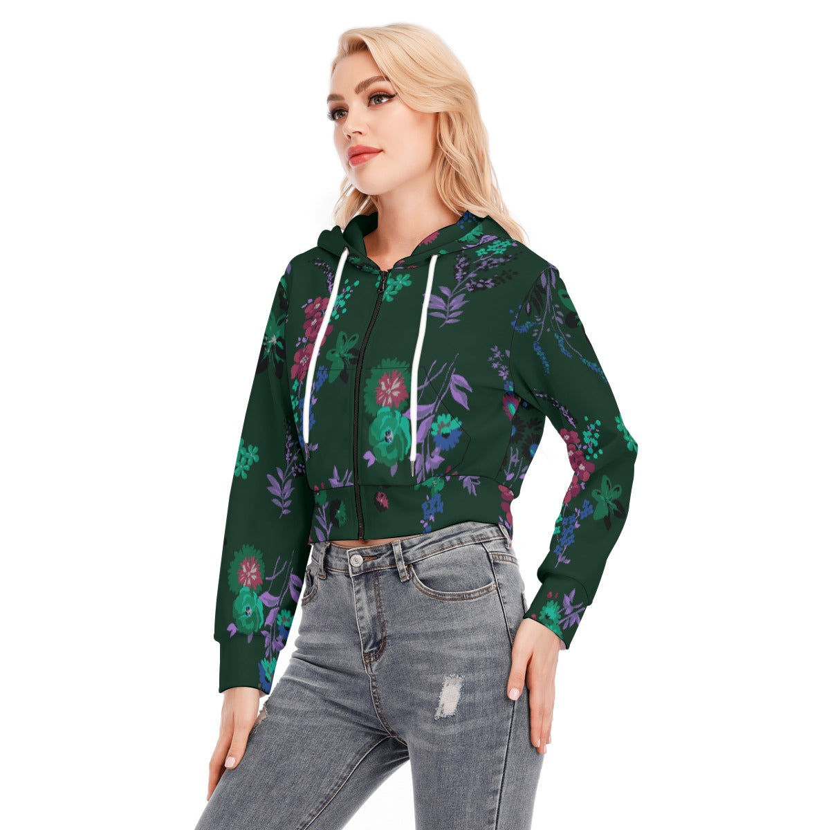 All-Over Print Women's Crop Top Hoodie With Zipper Closure