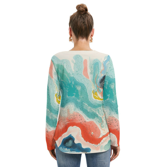 All-Over Print Women's Long Sleeve Neckline Tie Sweatshirt