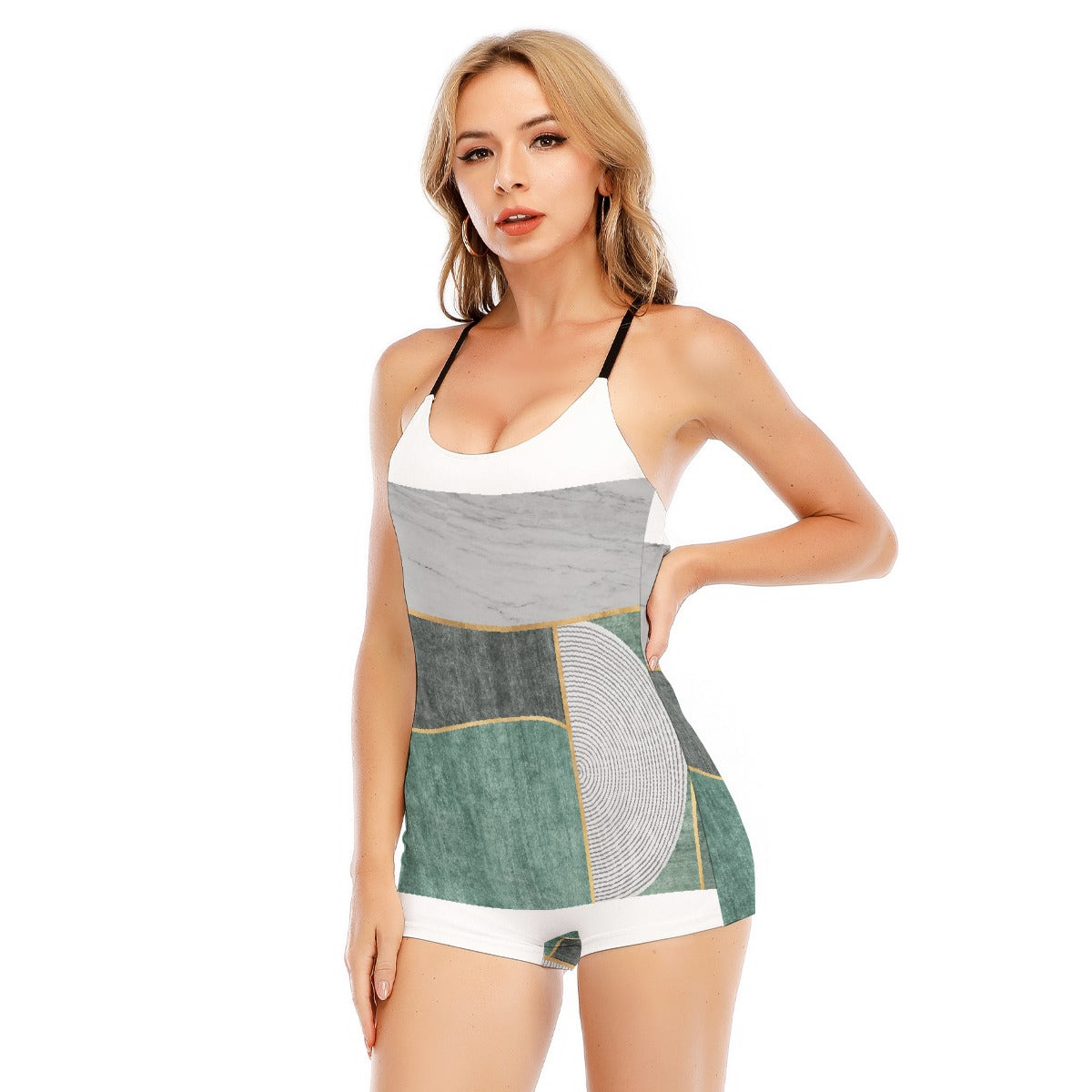 All-Over Print Women's Backless Romper With Black Straps