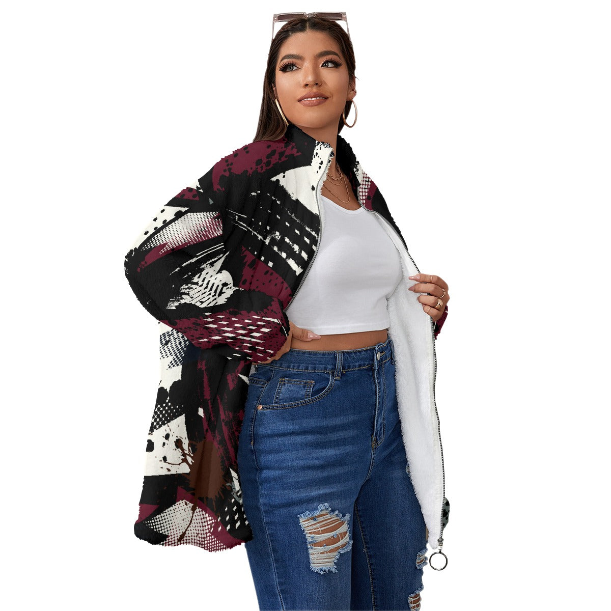 All-Over Print Unisex Borg Fleece Stand-up Collar Coat With Zipper Closure(Plus Size)